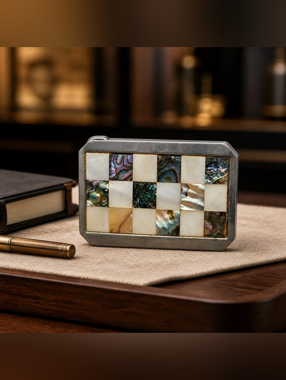Decorative Abalone and Mother-of-Pearl Checkered Belt Buckle Circa '70s